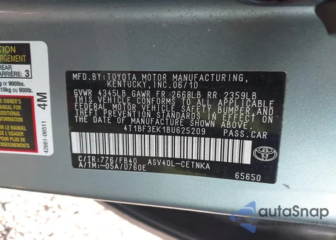 2011 Toyota Camry Le из США, поврежденный, VIN 4T1BF3EK1BU625209